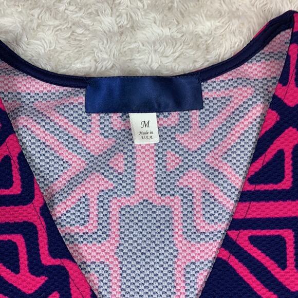 Unbranded Geometric print hot pink & navy blue fit and flare stretch dress, med - Picture 7 of 8